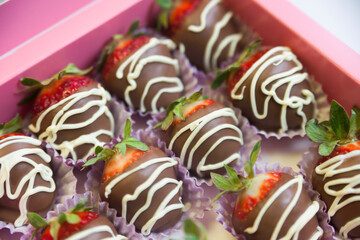 Strawberry. Strawberries in chocolate, handmade sweets in a gift box.