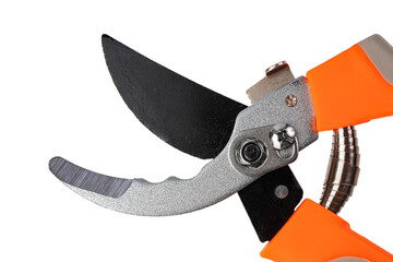 garden metal pruner with plastic orange handles, insulated on a white background