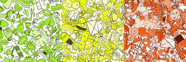 Set of Three Random Elements Background including Flower, Heart, Crown, Cloud, Lips, Mail, Diamond, Eyes. Hand Drawn. Cute Fashionable Patches. Wallpaper.