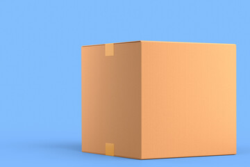 Cardboard box or carton on blue background, carrying parcel and online shopping
