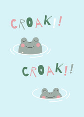 Frog. Cute nursery childish print poster. Vector and printable hand drawn illustration. Kids design for cards, posters, postcards.