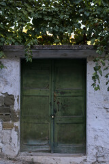 nice wooden double green door with plants on it in Berat city, Albania