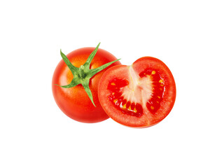 Tomato red whole and half cut vegetables isolated on white