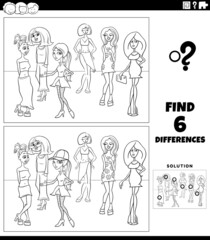 differences game with comic pretty women coloring page