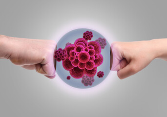 Man's and woman's hands with clenched fists and drawn viruses on grey background. Concept of...