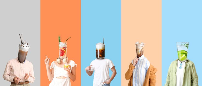 Many people with different drinks instead of their heads on colorful background