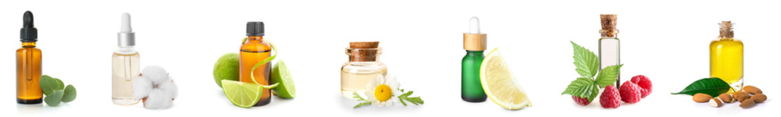 Set of different essential oils isolated on white