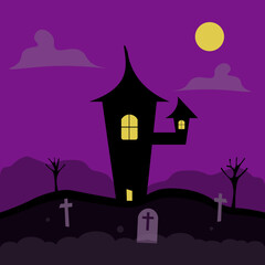 HALLOWEEN,CARTEL DE HALLOWEEN,CASTILLO NEGRO,FONDO MORADO Y NEGRO,NOCHE.