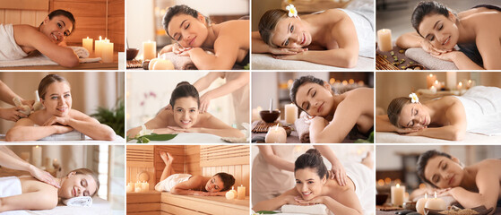 Collage with beautiful women in spa salon