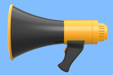 Megaphone for advertisement or hiring isolated on blue background.