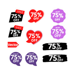 75% off Sale and discount tag, sticker or origami label set.percent price off badges. Promotion, ad banner, promo coupon design elements. Vector illustration