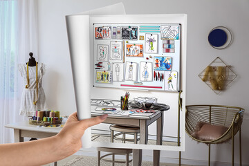 Female designer holding sketchbook with new interior of her office