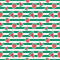 Colorful summer seamless pattern with tropical fruits, ice cream, leaves, Toucan, Flamingo, Flowers, and summer icons Memphis style. Summer seamless vector illustration.