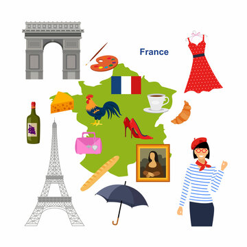 Vector illustration in cartoon style with symbols of France. Set of elements. 