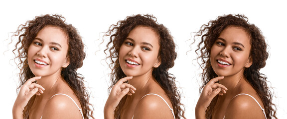 Portraits of beautiful African-American woman with different tones of her skin on white background