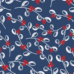 Vector. Merry Christmas, Happy New Year seamless pattern with mistletoe leaves, berries, holly branches. Seamless winter background. Design for wrapping paper, greeting cards, textiles, branding.