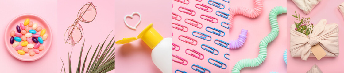 Summer collage of different photos on pink background, top view