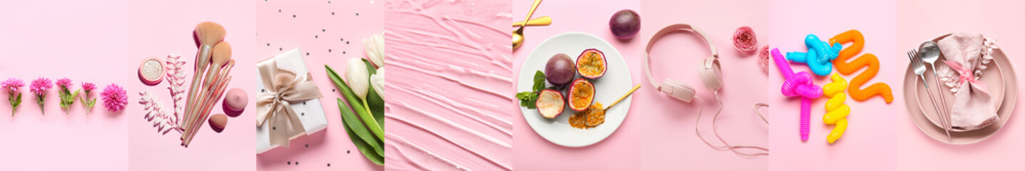 Summer collage of different photos on pink background, top view