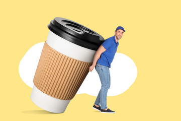 Male courier with big cup of coffee on yellow background