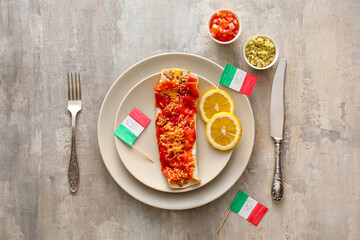 Mexican traditional food and flags on grey background