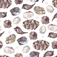 Seamless pattern with watercolor hand draw sea shell, coral and white flowers, isolated on white background. Underwater collection.