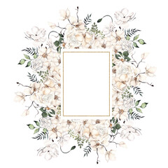 Frame with watercolor white flowers, sea shells, coral and leaves, isolated on white background