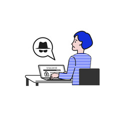 パソコンに向かい座りランサムウェアに困った顔をするビジネスする人の白バックの線画ベクターイラスト