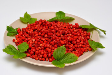 a full plate of fresh berries on the table, wild strawberries with green leaves