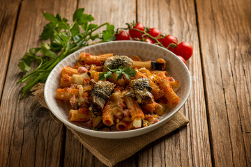 oven pasta with sardines eggplants pine nuts tomato and parsley