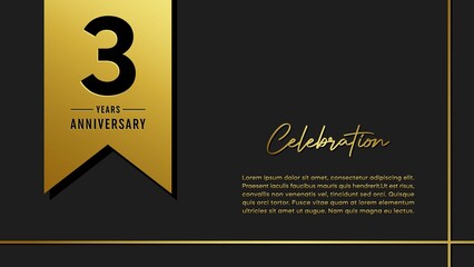 3 years anniversary logo with golden ribbon for booklet, leaflet, magazine, brochure poster, banner, web, invitation or greeting card. Vector illustrations.