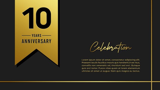 10 years anniversary logo with golden ribbon for booklet, leaflet, magazine, brochure poster, banner, web, invitation or greeting card. Vector illustrations.