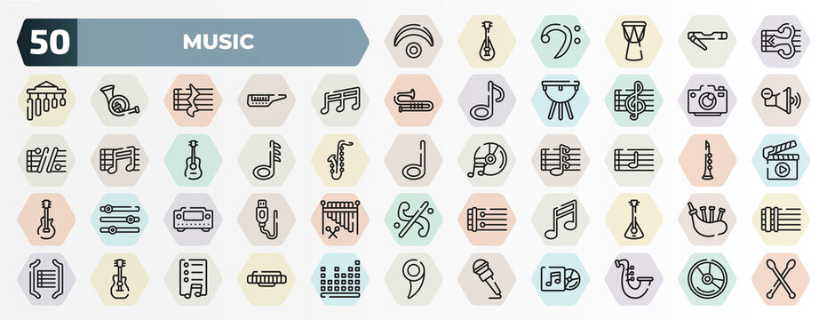 set of 50 thin line music icons. outline icons such as fermata, alto clef, flat, photo camera, demisemiquaver, quarter note, amplifier, quaver, acoustic guitar, hand mic vector.