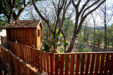 Fototapeta na wymiar Casa na árvore marrom com vegetação, árvores e verde ao fundo. 