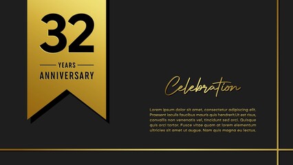 32 years anniversary logo with golden ribbon for booklet, leaflet, magazine, brochure poster, banner, web, invitation or greeting card. Vector illustrations.