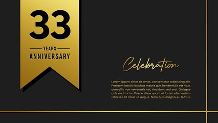 33 years anniversary logo with golden ribbon for booklet, leaflet, magazine, brochure poster, banner, web, invitation or greeting card. Vector illustrations.