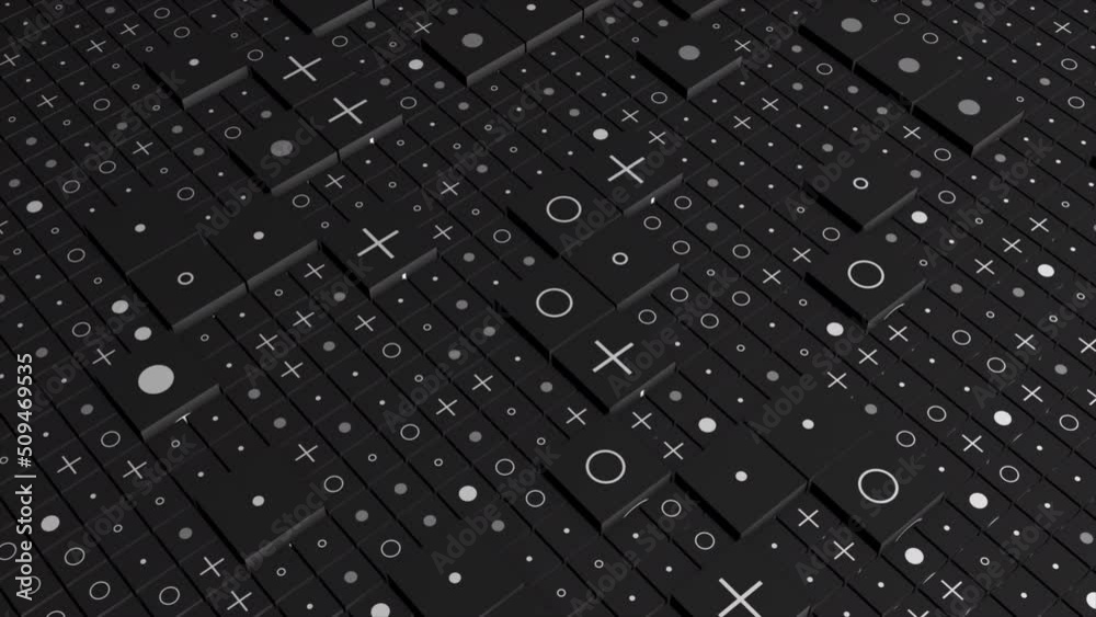 Poster background of squares on surface with signs. motion. 3d background with squares and images of signs.