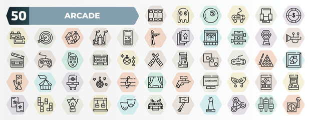 set of 50 thin line arcade icons. outline icons such as video editing, token, , lottery game, music tape, super, game over, selfie stick