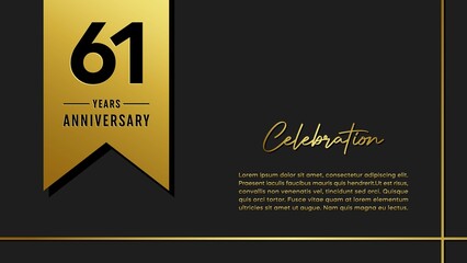 61 years anniversary logo with golden ribbon for booklet, leaflet, magazine, brochure poster, banner, web, invitation or greeting card. Vector illustrations.