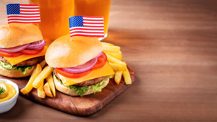 Table with burgers for USA 4th July Independence Day
