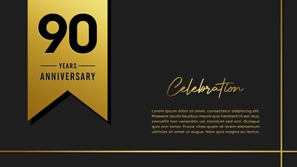 90 years anniversary logo with golden ribbon for booklet, leaflet, magazine, brochure poster, banner, web, invitation or greeting card. Vector illustrations.