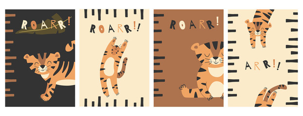 Set of kids posters with cute tiger. Minimalistic vector nursery posters with wild cat. Printable collection. - obrazy, fototapety, plakaty