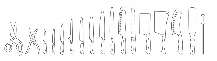 Chef knifes outline set. Editable stroke. Vector stock illustration isolated on white background for design packaging, logo, menu in restaurant. 