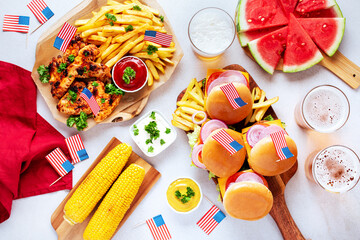 Table with food for USA 4th July Independence Day, copy space