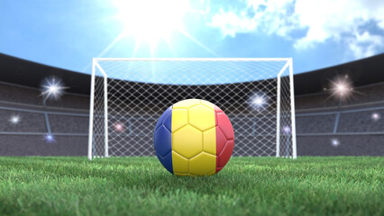 Soccer ball in flag colors on a bright sunny stadium background. Romania. 3D image