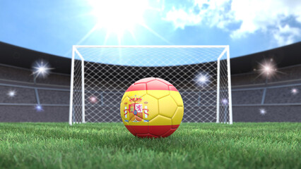 Soccer ball in flag colors on a bright sunny stadium background. Spain. 3D image