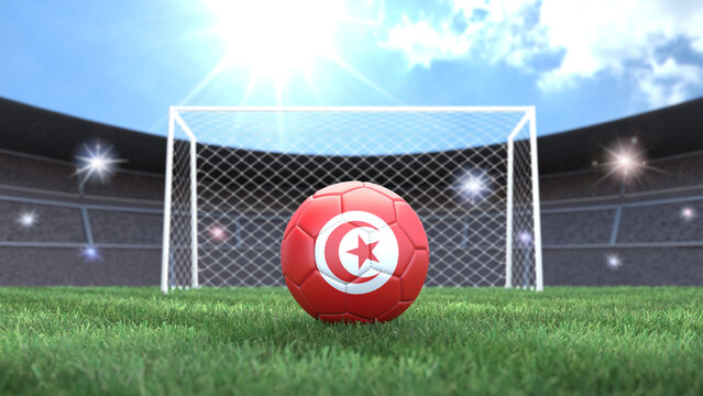 Soccer ball in flag colors on a bright sunny stadium background. Tunisia. 3D image
