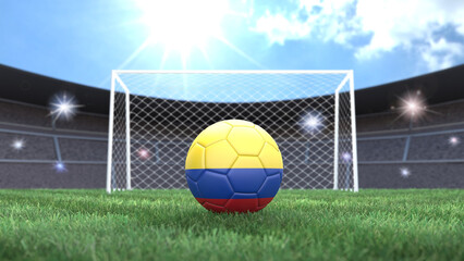 Soccer ball in flag colors on a bright sunny stadium background. Colombia. 3D image