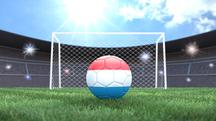 Soccer ball in flag colors on a bright sunny stadium background. Luxembourg. 3D image