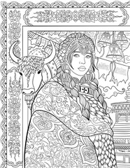 Tibetian woman adult coloring book page with yak animal and ornamental bakground