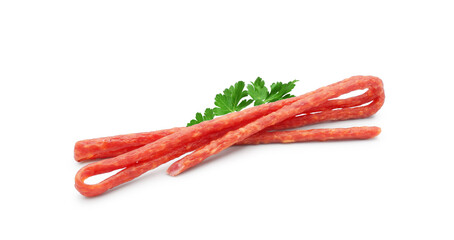 Kabanos (cabanossi or kabana) - long, thin, dry Polish sausages, beer snack. Isolated on white background.